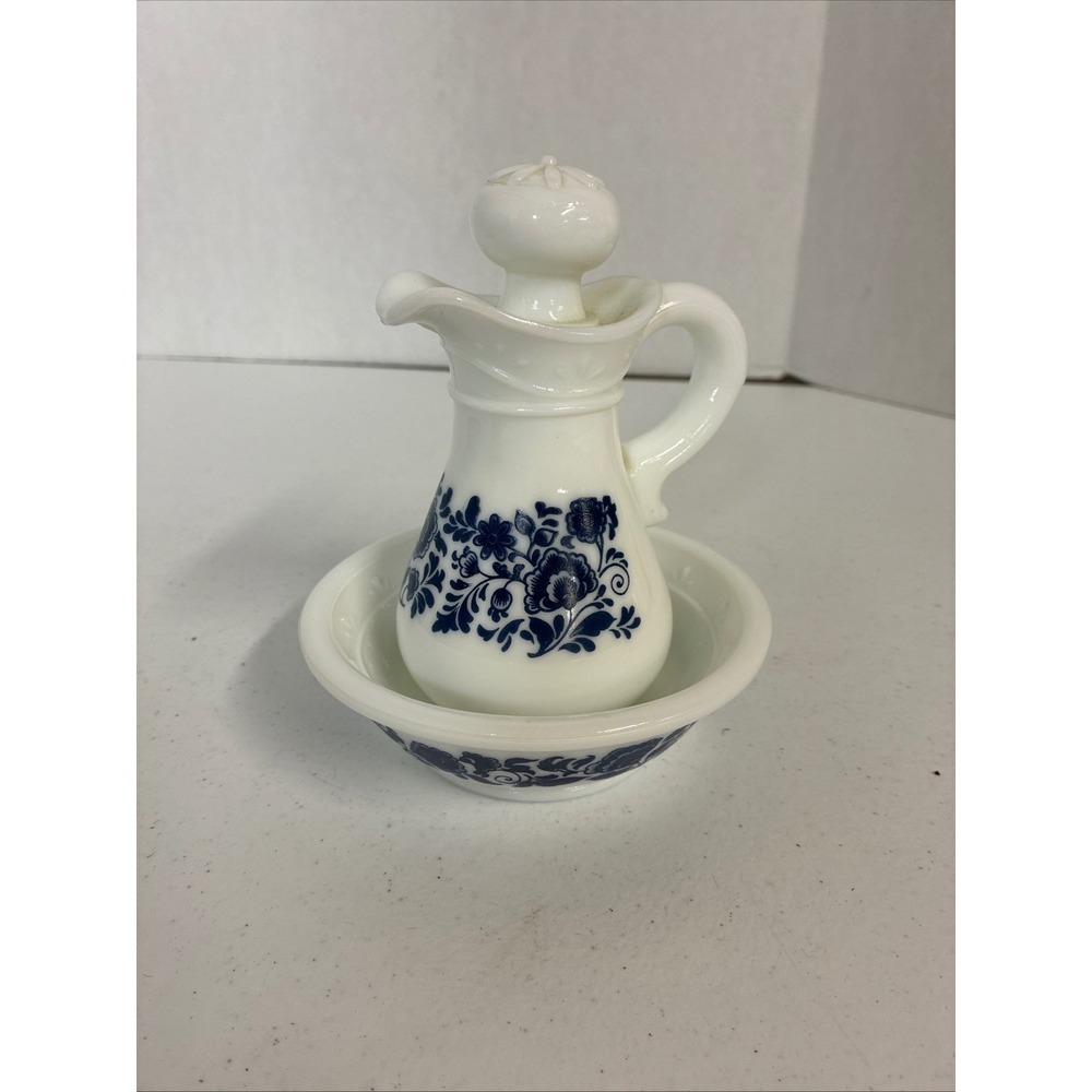 Vintage Avon Milk Glass Blue Floral Cruet (Skin So Soft)
